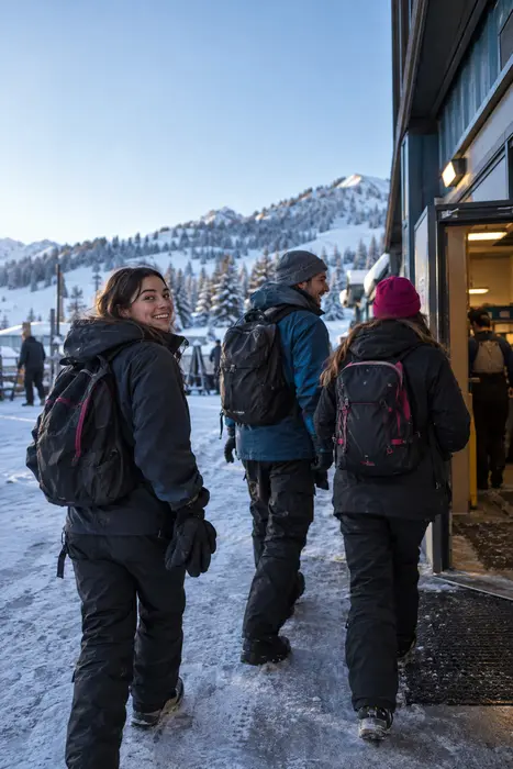 Jóvenes llegando a su trabajo de temporada en un centro de nieve